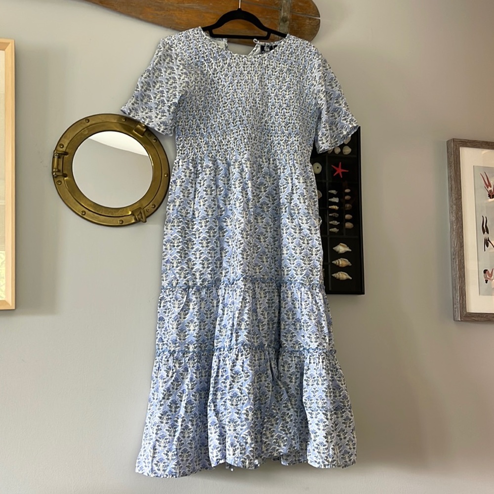 Blue Tiered Ruffled Midi Dress with Puff Sleeves
